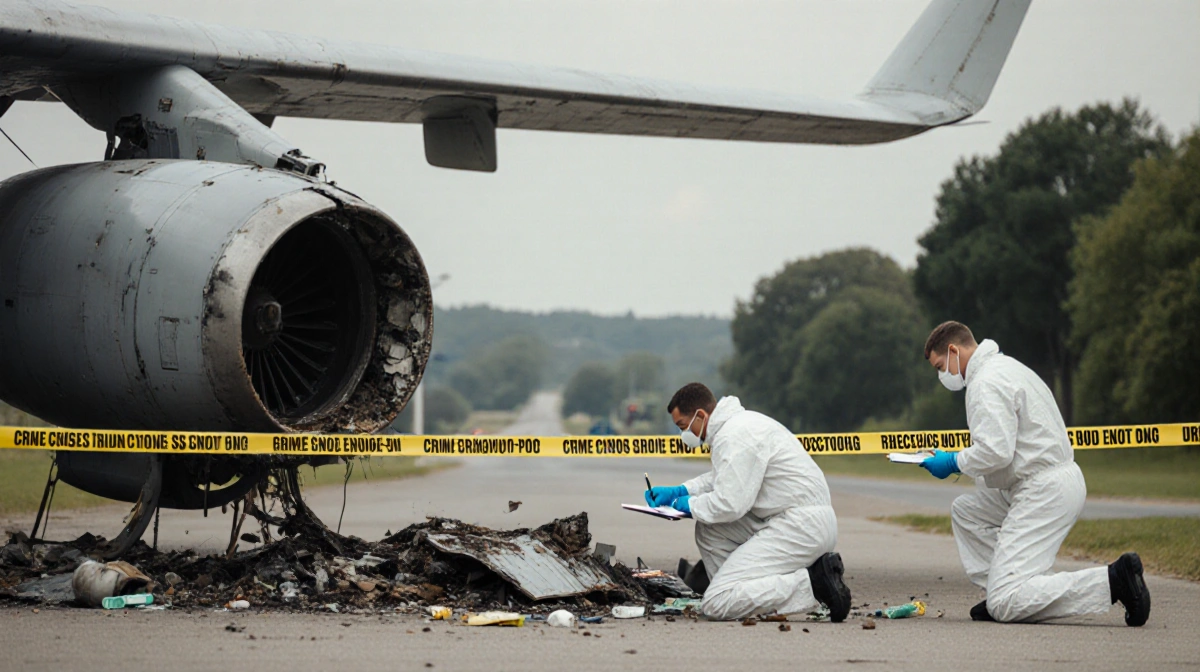 Investigators examine damaged wing with yellow crime tape and forensics tools in muted backdrop.
