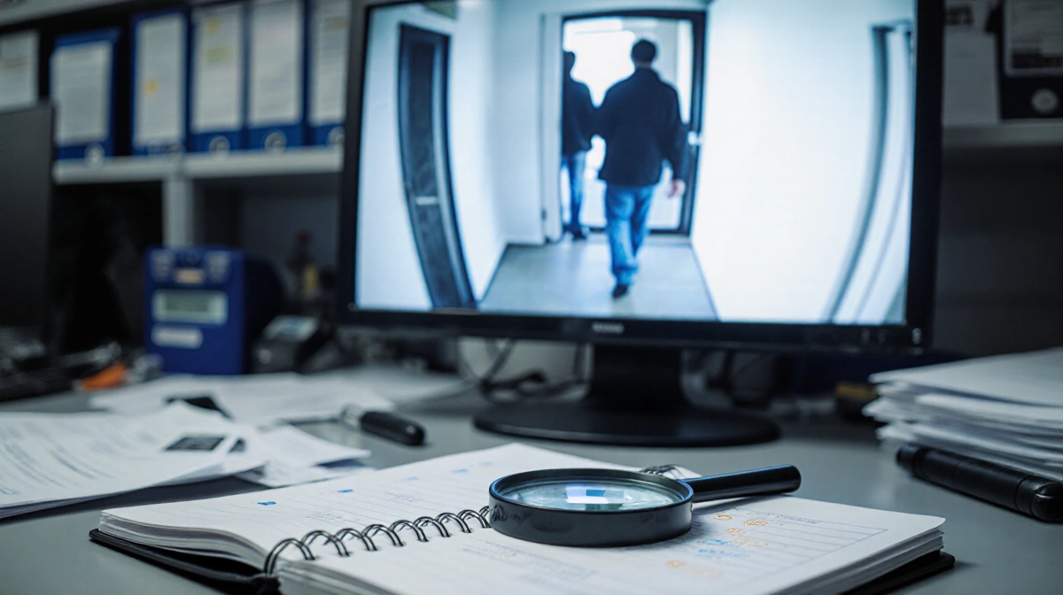 Forensic investigator examining grainy security footage on a computer screen with magnifying glass on notebook and papers
