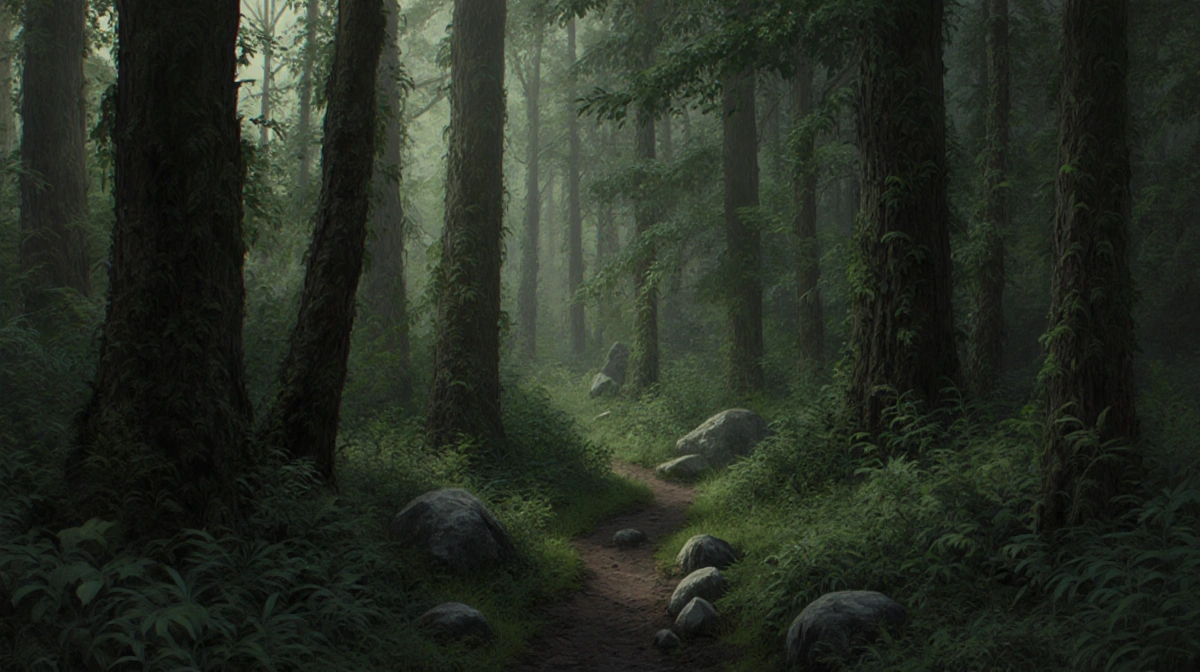 Dense forest hides a winding trail with scattered rocks.