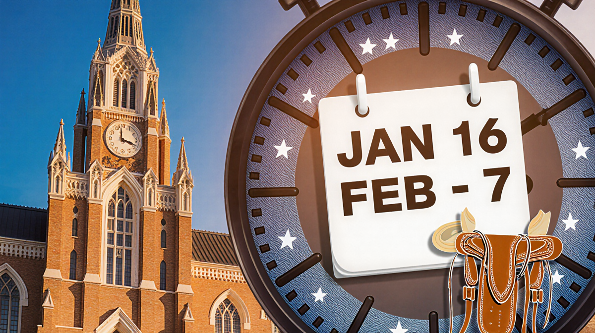 Fort Worth Stockyards building in warm light showing calendar dates Jan.16-Feb.7 with lasso and denim colors.