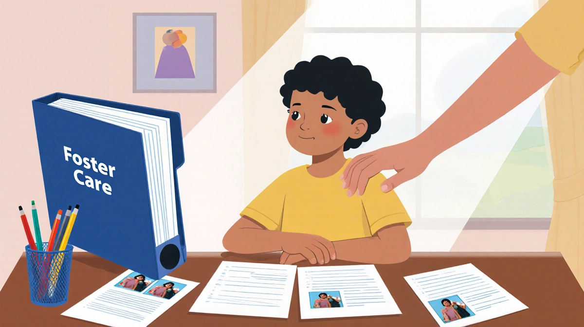 Child sits at desk with open foster care folder showing photos and documents and gentle hand on shoulder in natural light
