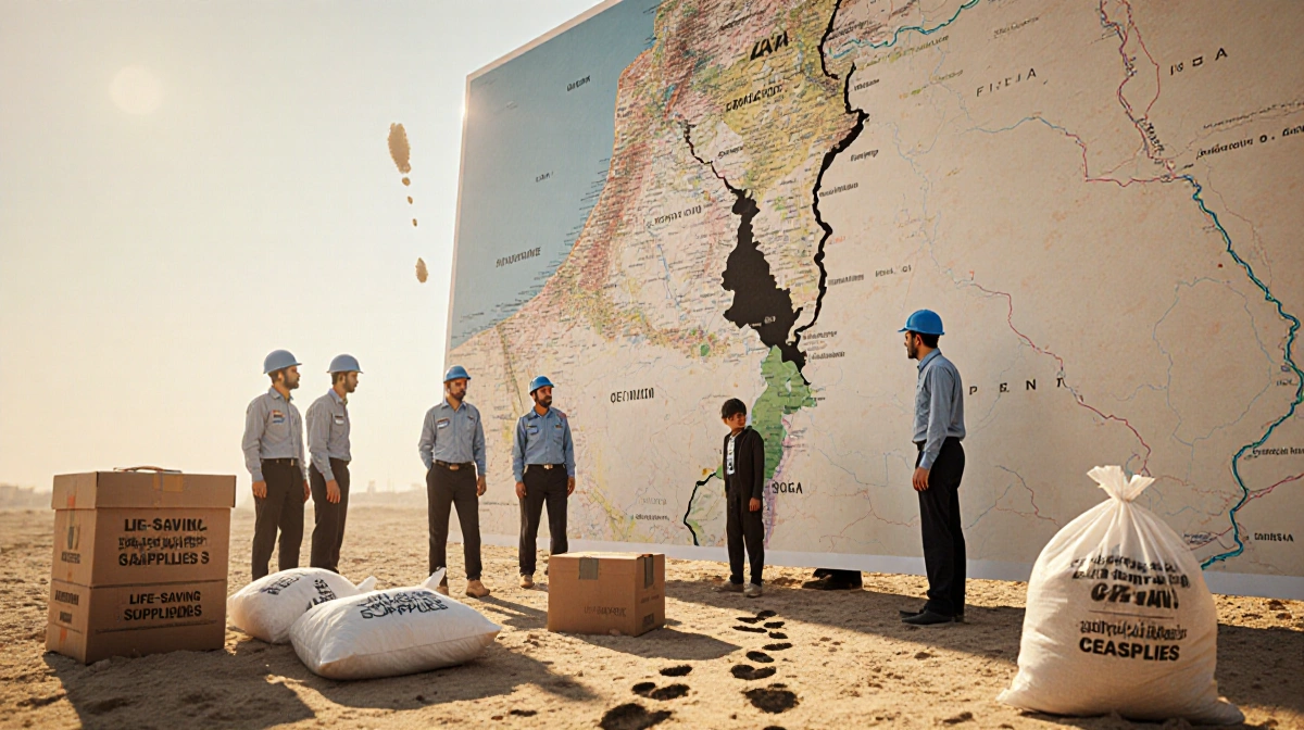 Aid workers gather around a torn Gaza map with Israel background and scattered aid boxes with a child’s footprint in distance