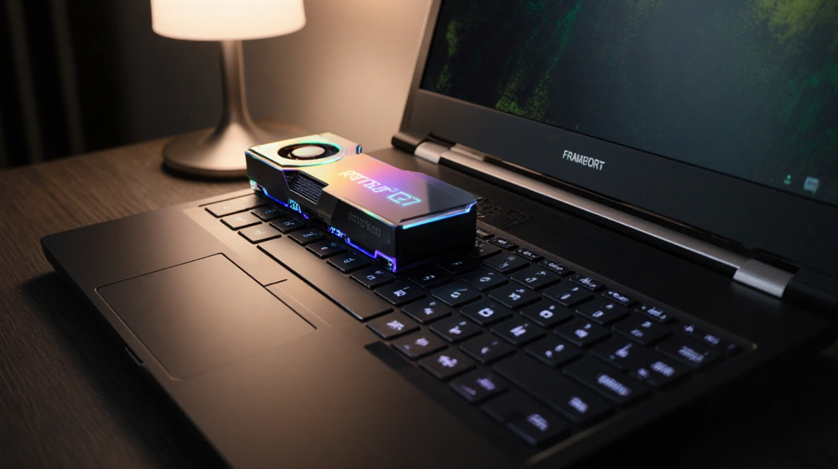 Laptop glowing with warm lamp light and revealing bright RTX 5070 GPU module through its transparent lid
