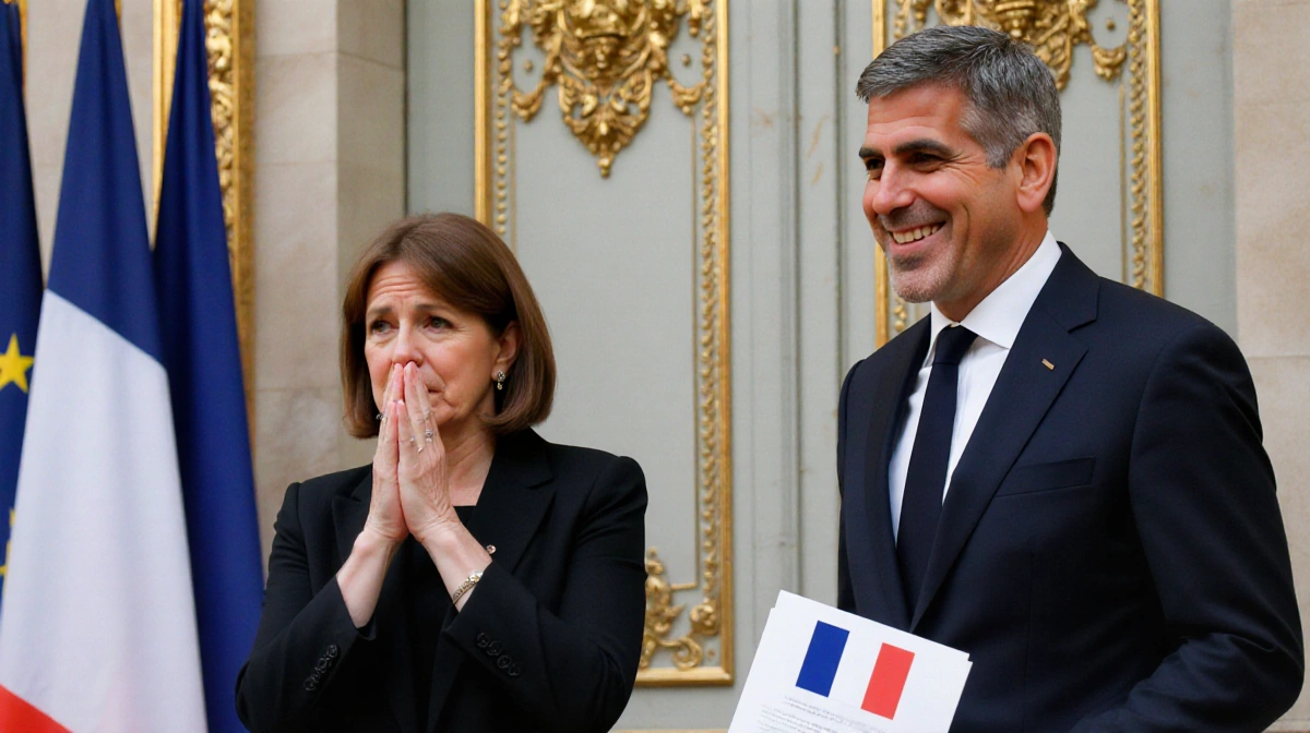 Marie-Pierre Vedrenne clasping hands with concern beside Laurent Nuñez holding tricolor document in office