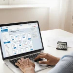 Person using laptop to file taxes using tax software with free tax filing options shown on screen in a modern home office and