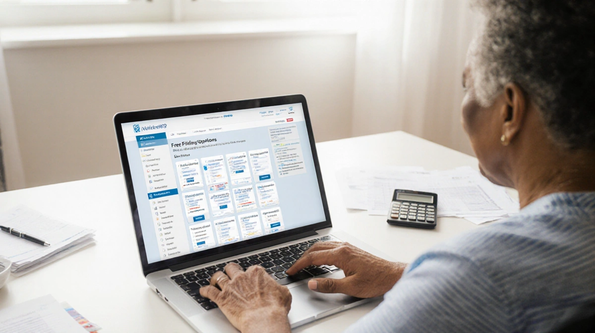 Person using laptop to file taxes using tax software with free tax filing options shown on screen in a modern home office and