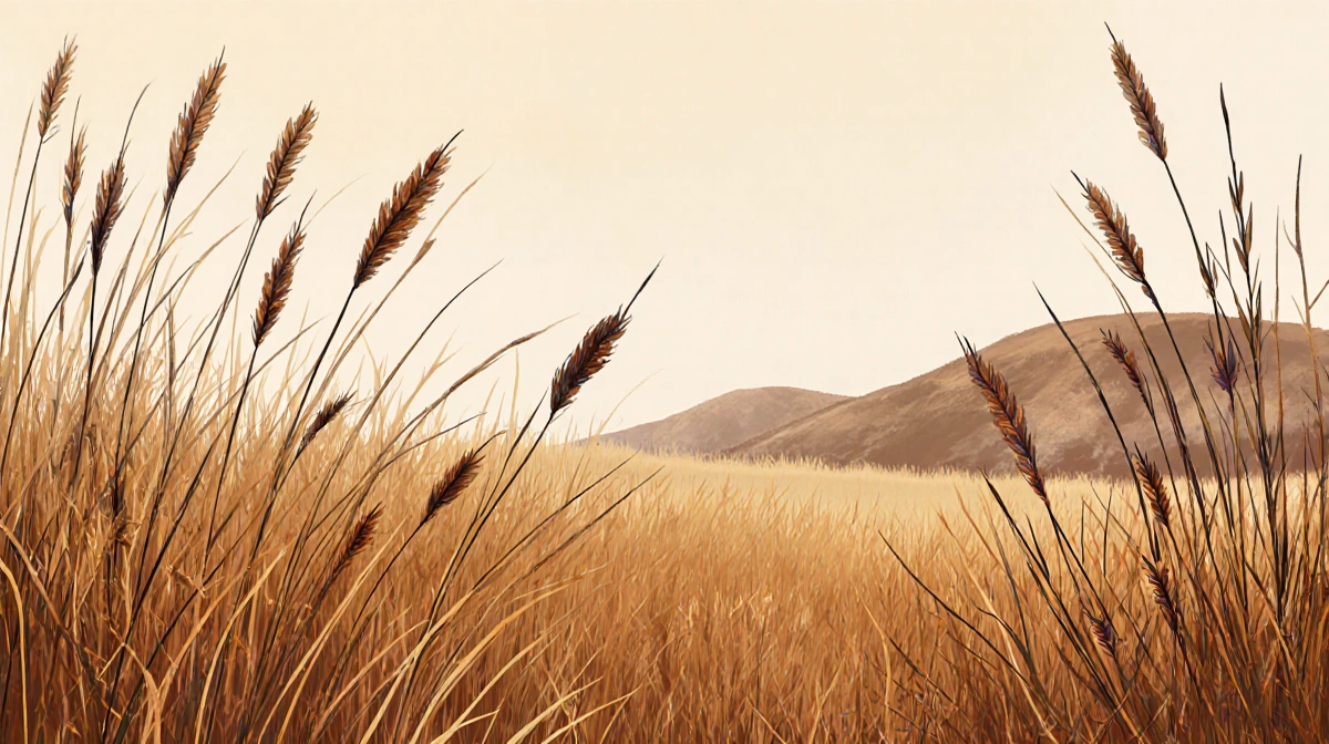 Dry field breathing with freeze-cured grasses from brittle brown to charred and subtle Travis County hills in background