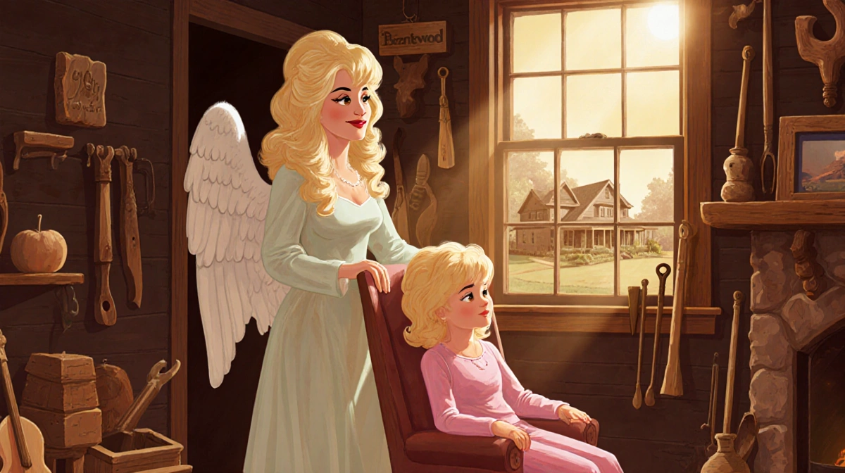 Freida Parton sitting in a cozy living room with Dolly Parton beside her and a subtle view of Brentwood in background