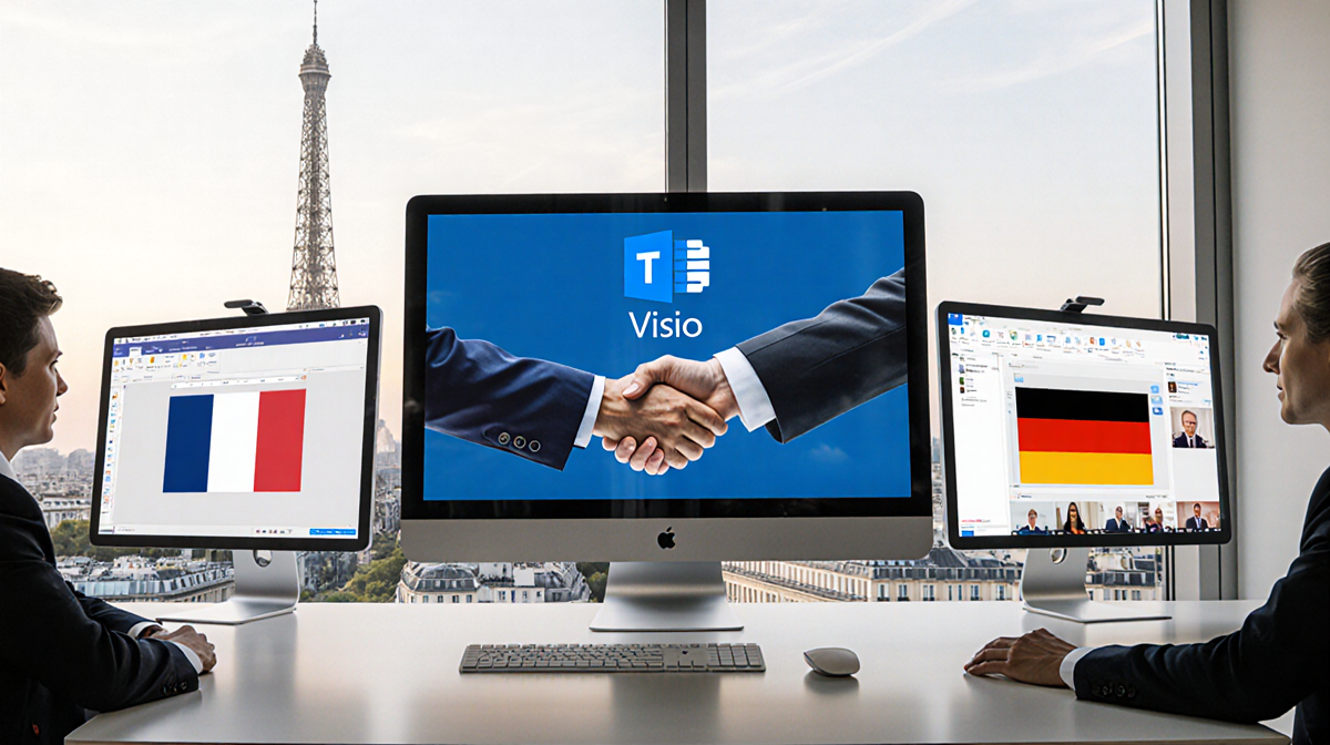 French office screens switching to Visio with Eiffel Tower background and handshake symbolizing partnership