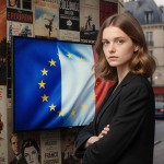 French woman standing before TV with EU flag and French film posters near blurred Parisian backdrop.