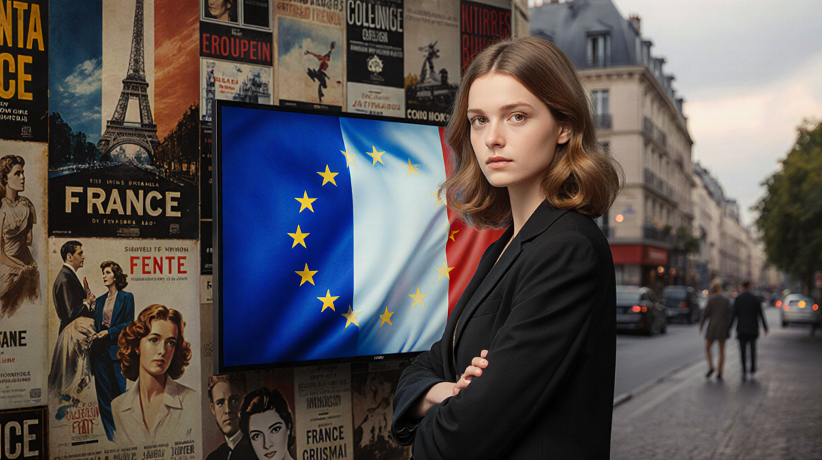 French woman standing before TV with EU flag and French film posters near blurred Parisian backdrop.