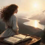 Frieren stands on mountain peak with windblown hair and open journal showing sketches at sunset