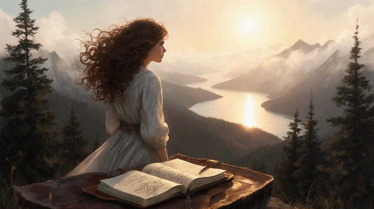 Frieren stands on mountain peak with windblown hair and open journal showing sketches at sunset