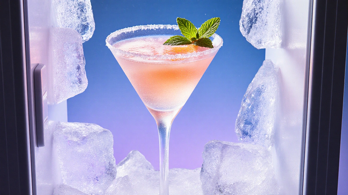 Sleek freezer door displaying a partially frozen cosmopolitan glass with icy crystals and mint leaves