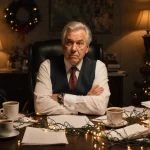 Middle-aged man sits with arms crossed at cluttered desk with tangled Christmas lights and coffee cups showing holiday stress