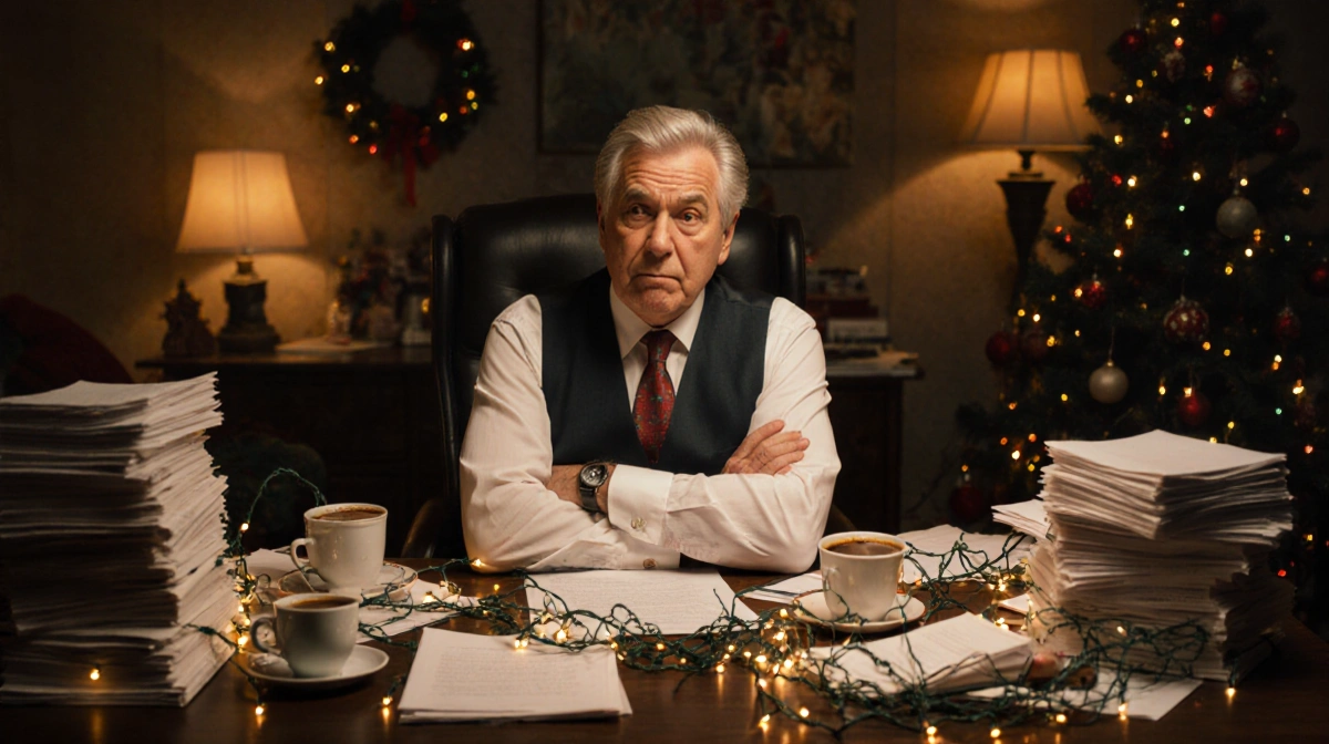 Middle-aged man sits with arms crossed at cluttered desk with tangled Christmas lights and coffee cups showing holiday stress