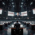 Lone figure placing a bet with LED scoreboards and scrolling news feeds in a dimly lit futuristic arena