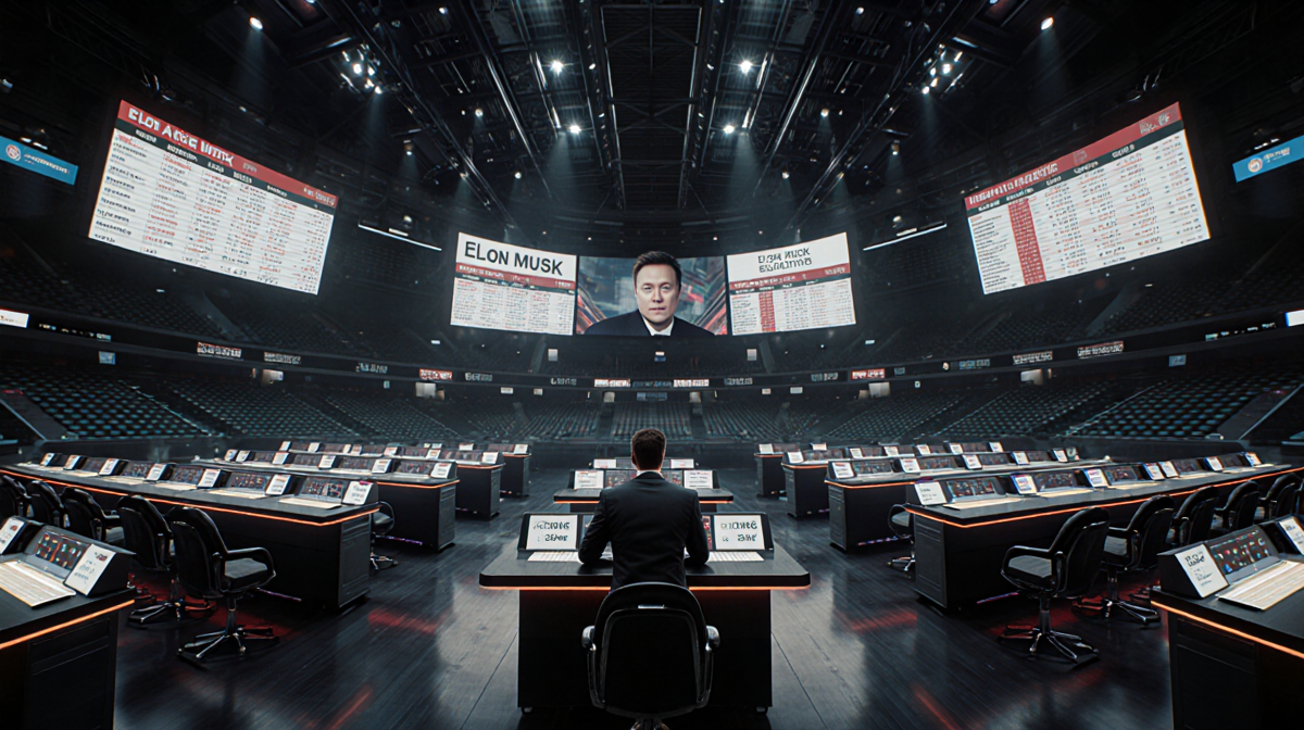 Lone figure placing a bet with LED scoreboards and scrolling news feeds in a dimly lit futuristic arena