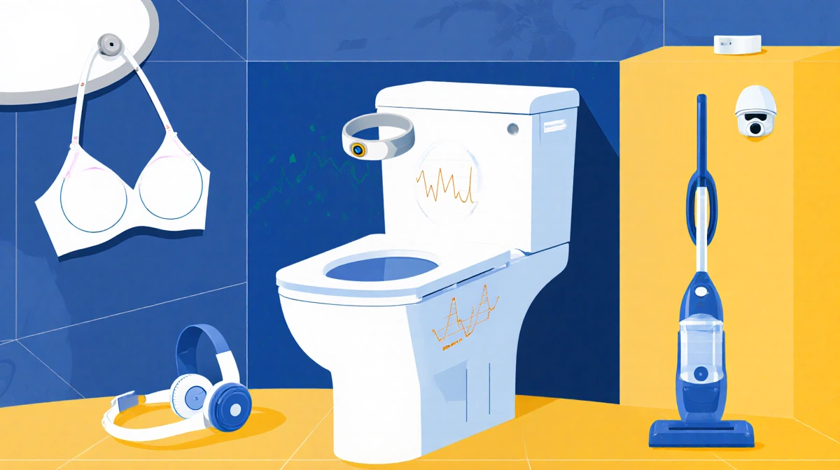 Toilet monitoring biometric data with AI wristband and smart clothing near a sleek vacuum cleaner and security camera.
