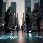 Pedestrians stare at AR overlays on pavement in a futuristic city at dusk with sleek skyscrapers and glowing smart glasses.