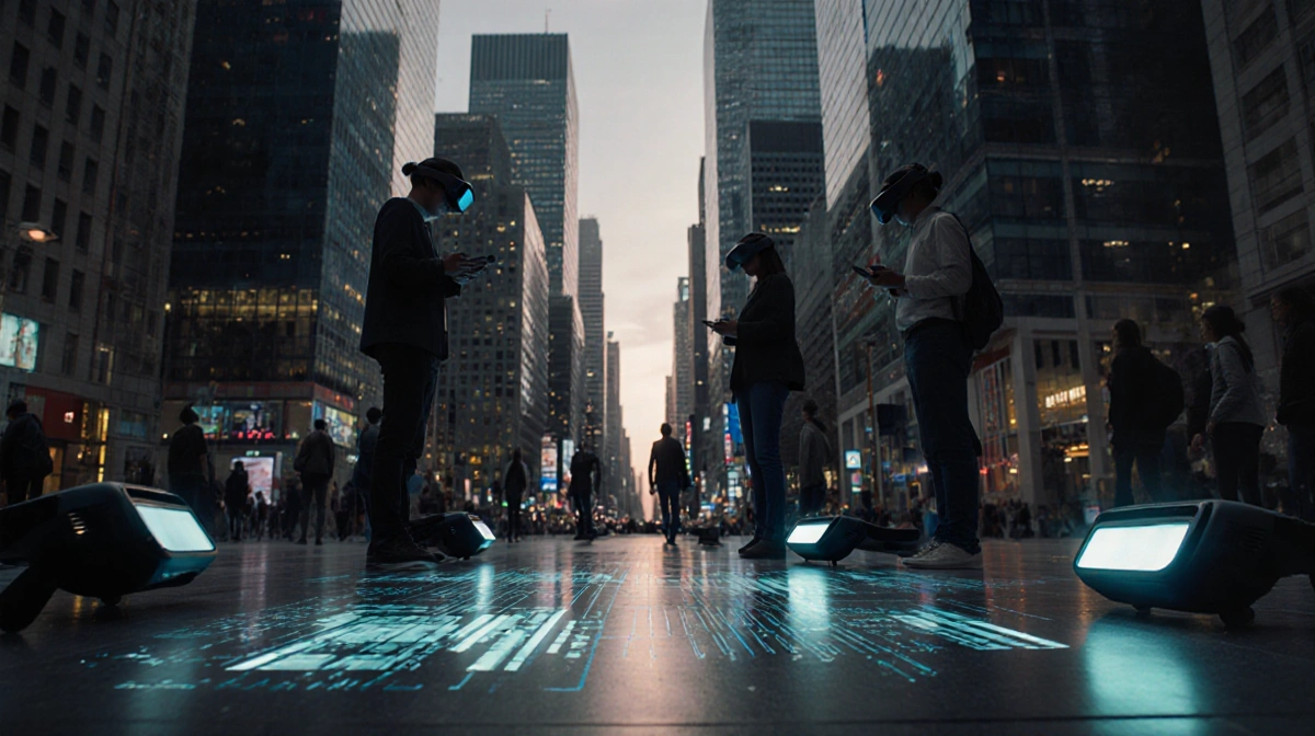 Pedestrians stare at AR overlays on pavement in a futuristic city at dusk with sleek skyscrapers and glowing smart glasses.