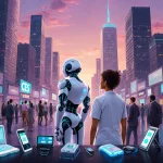 Robot stands confidently beside healthcare professional gazing at crowd with neon-lit city skyline and medical gadgets.