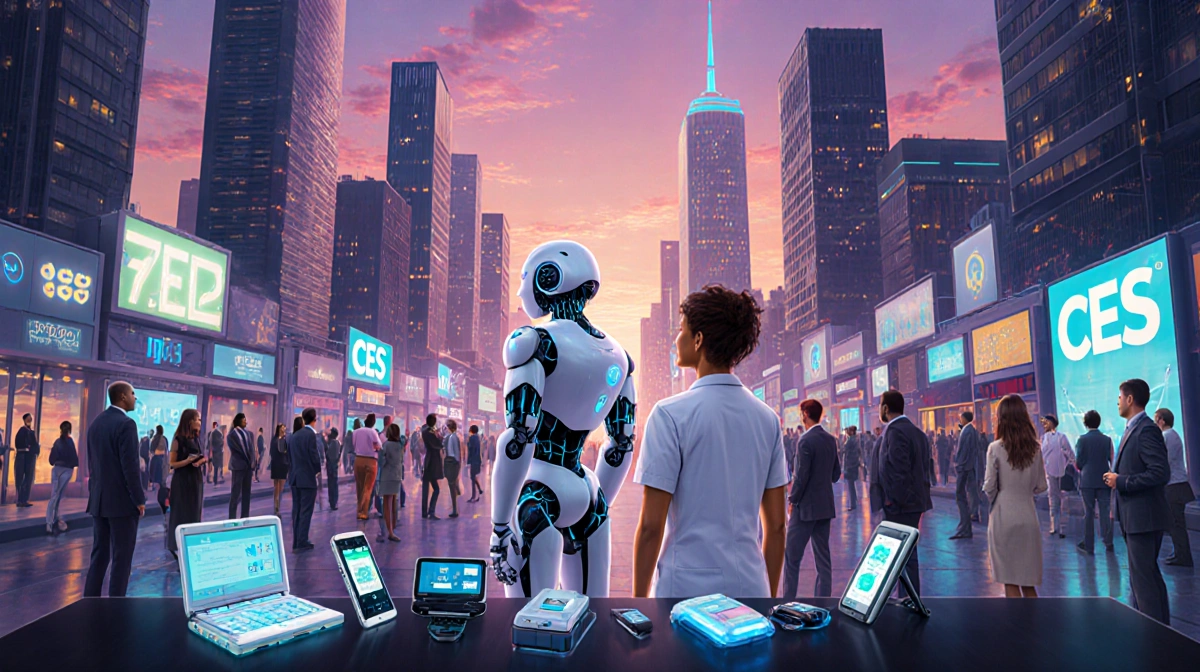 Robot stands confidently beside healthcare professional gazing at crowd with neon-lit city skyline and medical gadgets.