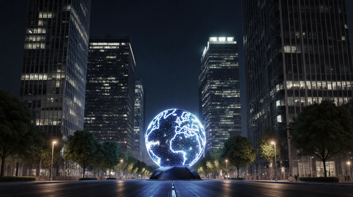 Sphere glowing with dynamic LED animations illuminating sleek skyscrapers in a futuristic nighttime cityscape.