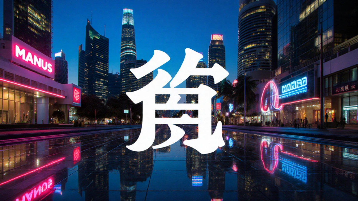 Manus logo replaces a Chinese character in foreground with futuristic skyscrapers and neon lights reflecting on a Singaporean
