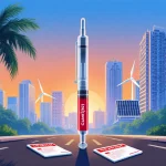 Red insulin pen standing upright with futuristic cityscape at sunset and a Hawaiian palm tree in the background