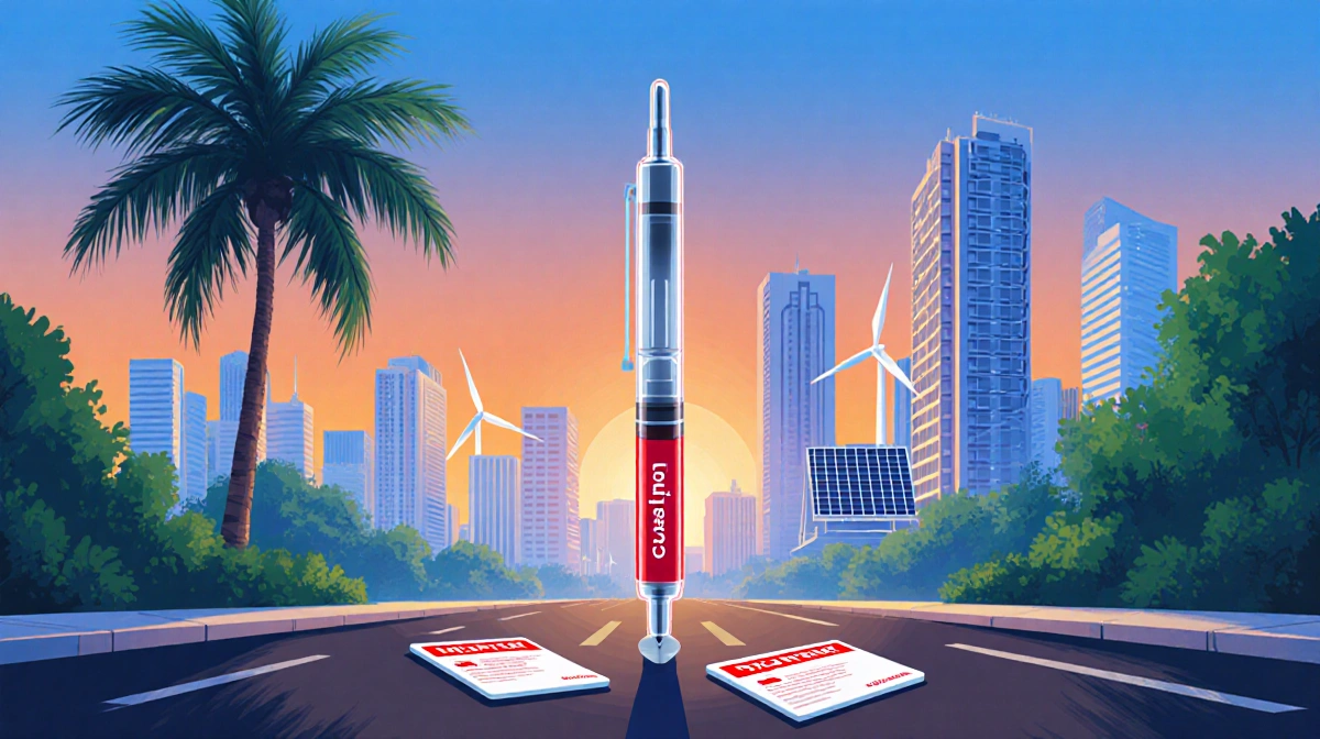 Red insulin pen standing upright with futuristic cityscape at sunset and a Hawaiian palm tree in the background
