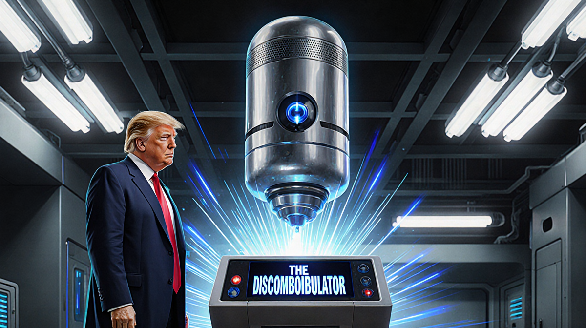 President Trump standing beside sleek console with flashing blue lights and pulsing energy field in futuristic lab