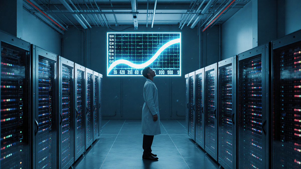 Researcher in white lab coat looks up at large screen with soaring curve and humming servers in background