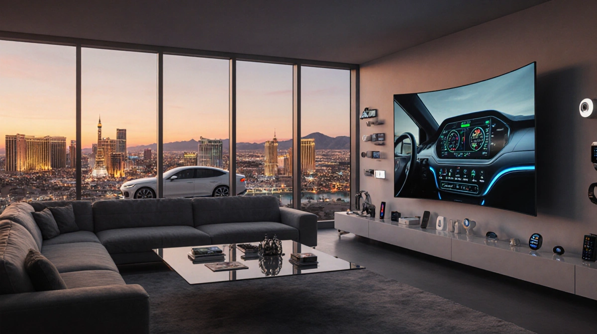 Curved display screen shows a self‑driving car with a sunset Las Vegas Strip view and futuristic living room and AI devices