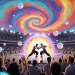 Two athletes spar in a futuristic stadium with glowing orbs and swirling vortex backdrop