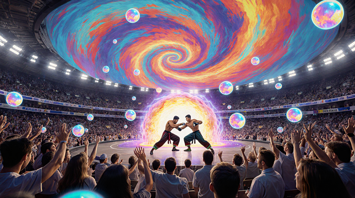 Two athletes spar in a futuristic stadium with glowing orbs and swirling vortex backdrop