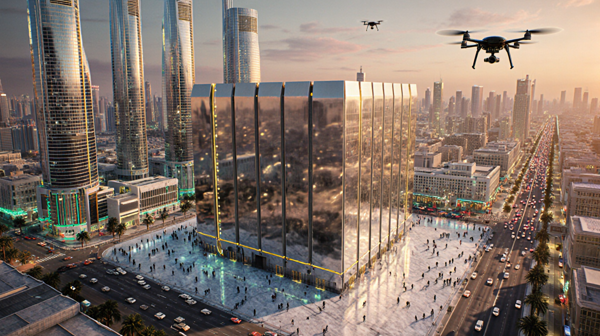 Data center rising from ground with neon-lit streets and futuristic megacity skyline