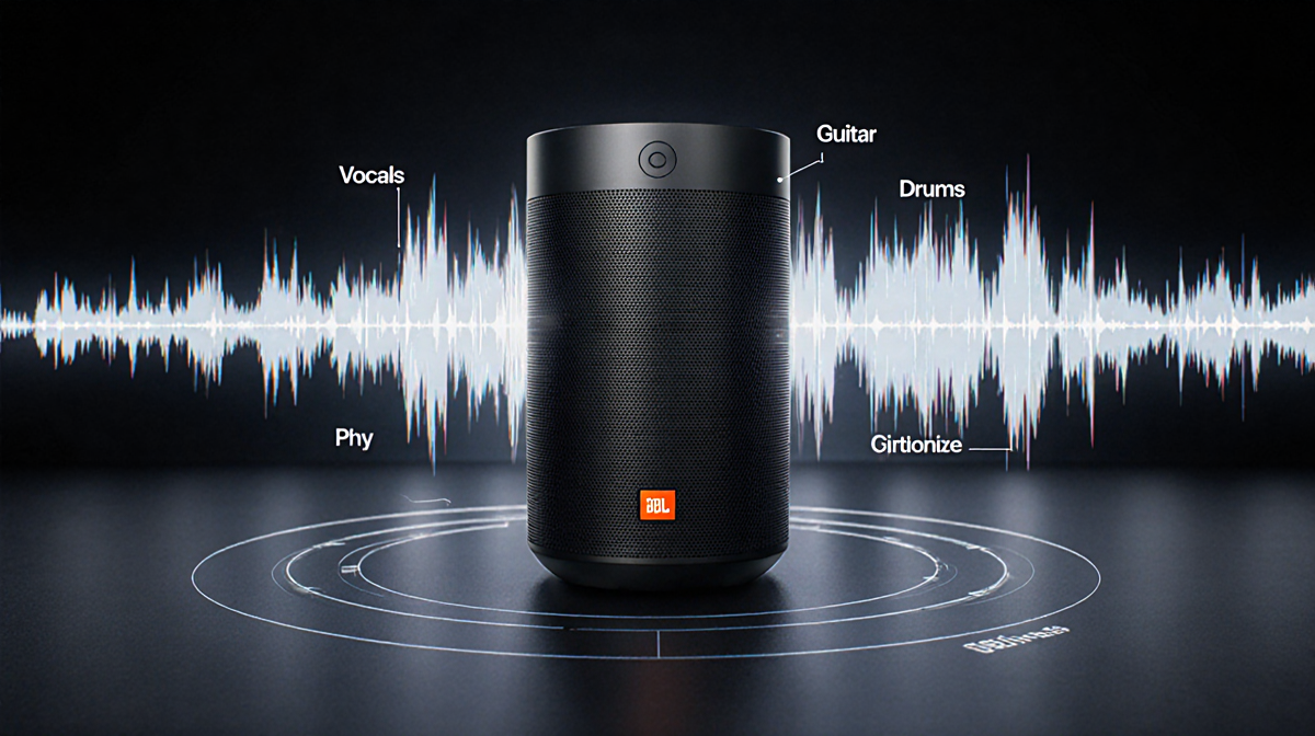 futuristic JBL speaker glowing with AI light and waveform segments illustrating audio isolation