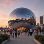 Crowd gathers at the entrance of a metallic sphere venue with sunset glow and lush greenery