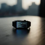 Futuristic smartwatch glowing on wooden desk with pulsing code interface and city lights through window