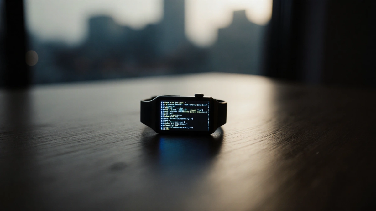 Futuristic smartwatch glowing on wooden desk with pulsing code interface and city lights through window