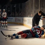 Gabriel Landeskog lying injured on ice with teammate helping him off the rink while Panthers watch in concern