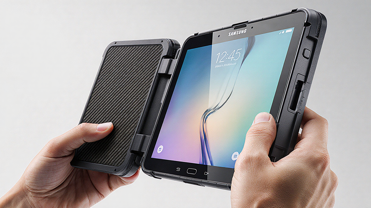 Hand holding Samsung Galaxy Z TriFold in tablet mode with dual-hinge design and carbon fiber finish