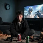 Young adult gamer sits staring at a glowing TV with a gaming montage and a 3 AM clock.