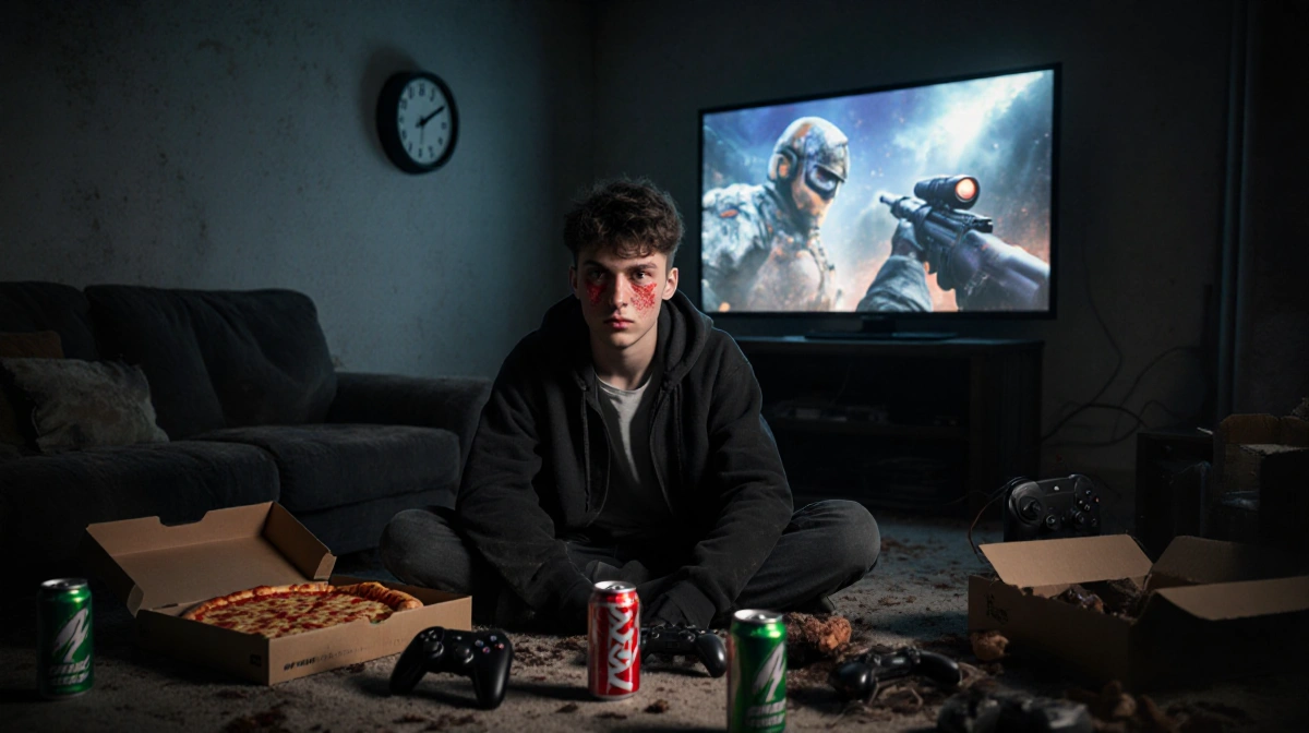 Young adult gamer sits staring at a glowing TV with a gaming montage and a 3 AM clock.