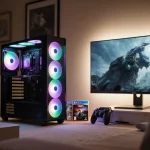 Gaming PC glows with internal components visible through glass case and sits near monitor showing 4K games