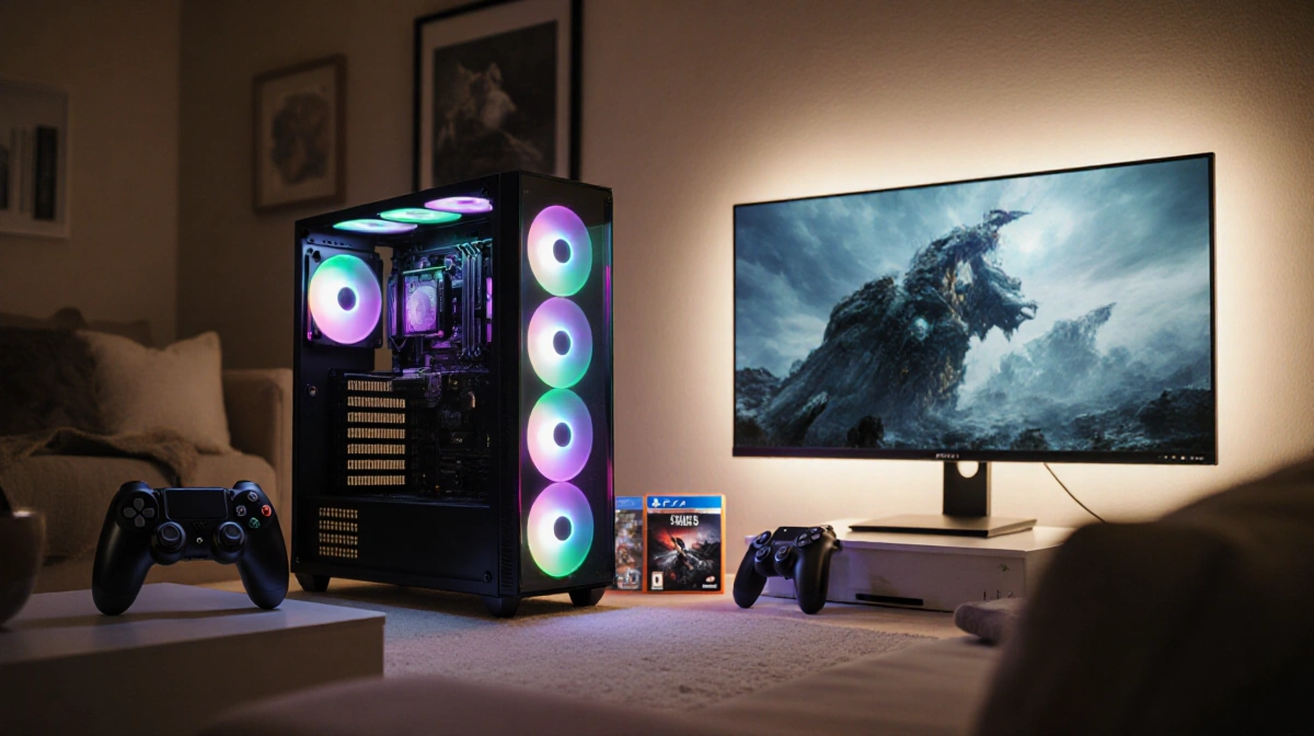 Gaming PC glows with internal components visible through glass case and sits near monitor showing 4K games