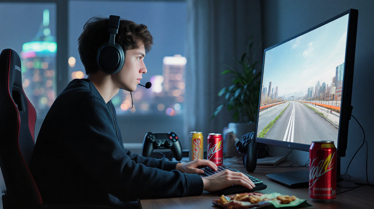 Person sitting at computer with headset and energy drink cans while surrounded by controllers and snacks