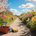 Garden path winding toward a blue sky with blooming cherry blossoms and sunflowers and daffodils and green foliage in spring
