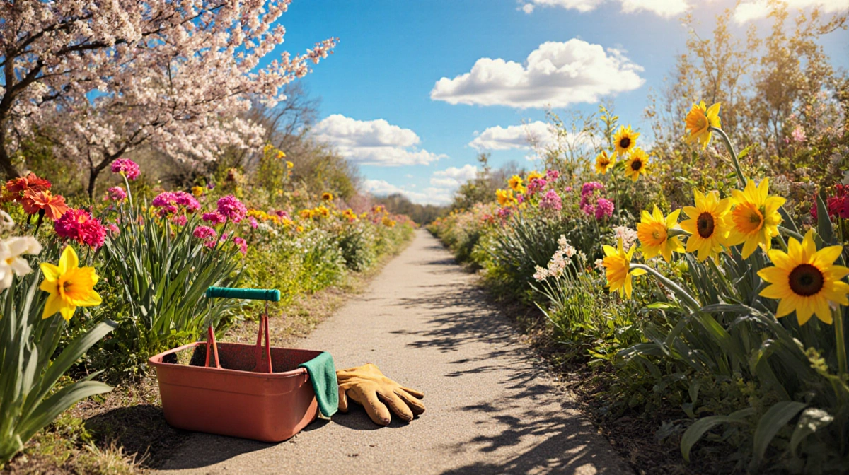 Garden path winding toward a blue sky with blooming cherry blossoms and sunflowers and daffodils and green foliage in spring